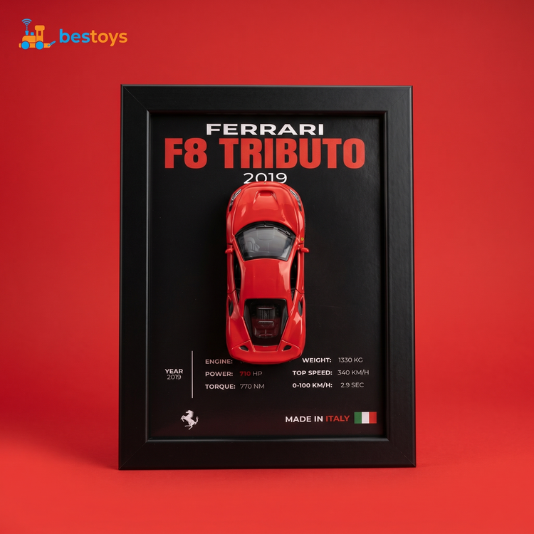 Ferrari F8 Tributo 2019 3D Frame Car Diecast Model – Luxury Sports Car Wall Art Display Shadow Box for Home, Garage, & Office Decor