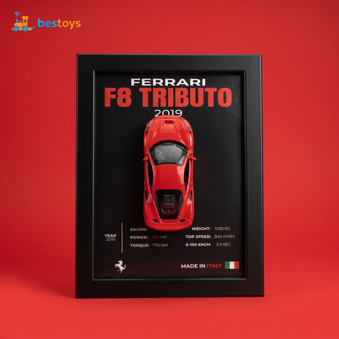Ferrari F8 Tributo 2019 3D Frame Car Diecast Model – Luxury Sports Car Wall Art Display Shadow Box for Home, Garage, & Office Decor